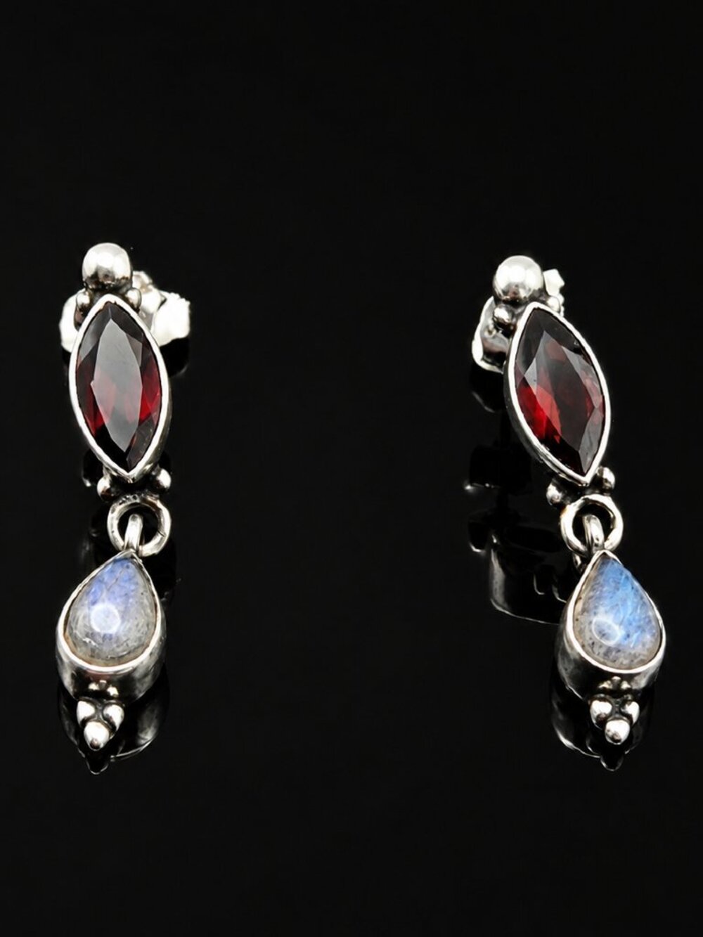 Vintage Sterling Silver Garnet Moonstone Dangle Earrings